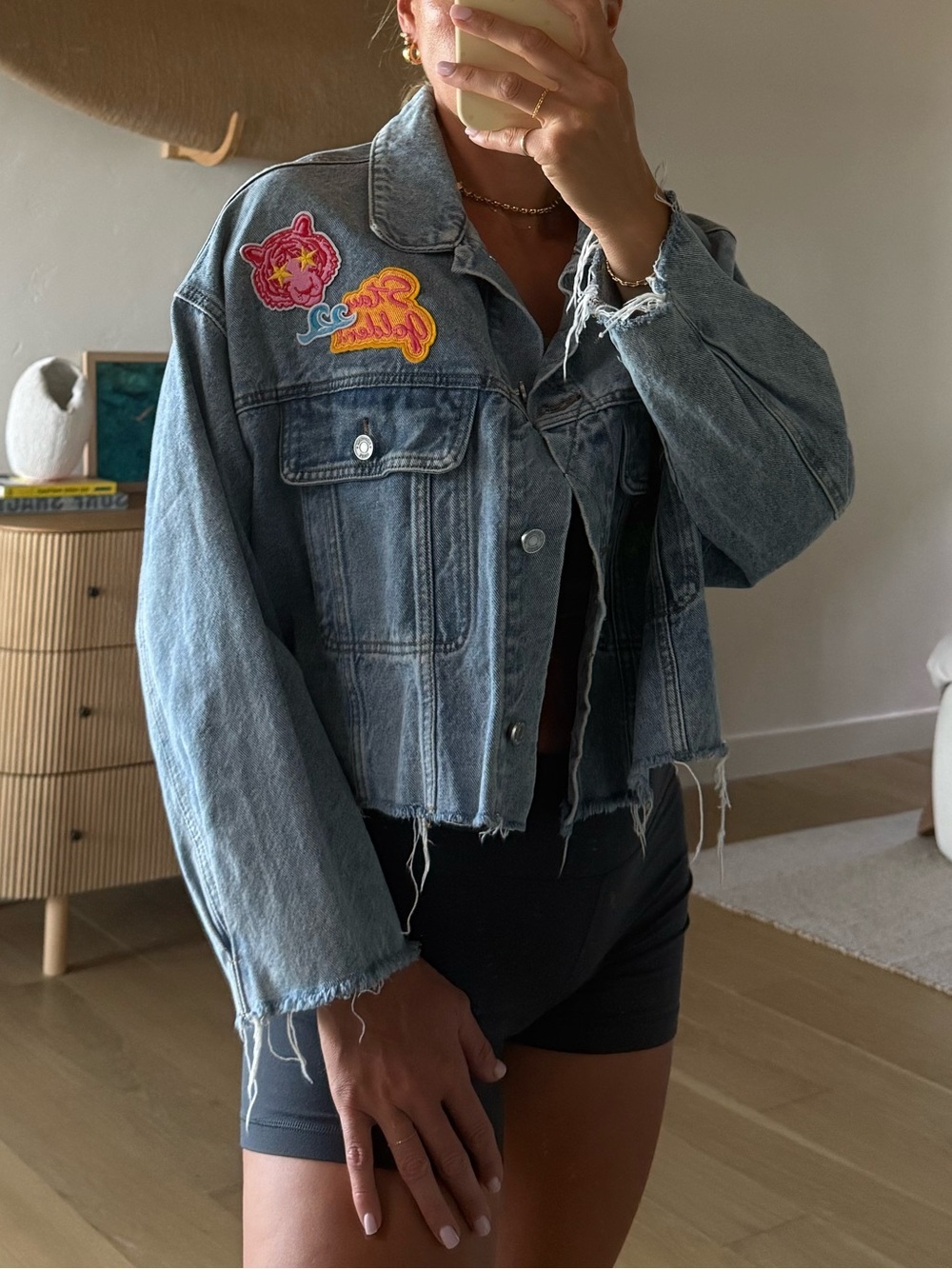 Denim Cropped Jacket with Patches